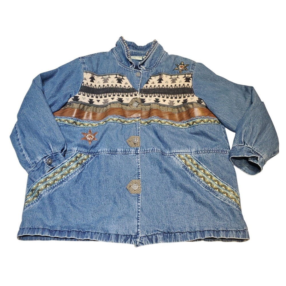 Vtg‎ 220 Hickory Southwestern Aztec Denim Jacket Women's 2XL Lined Western Boho